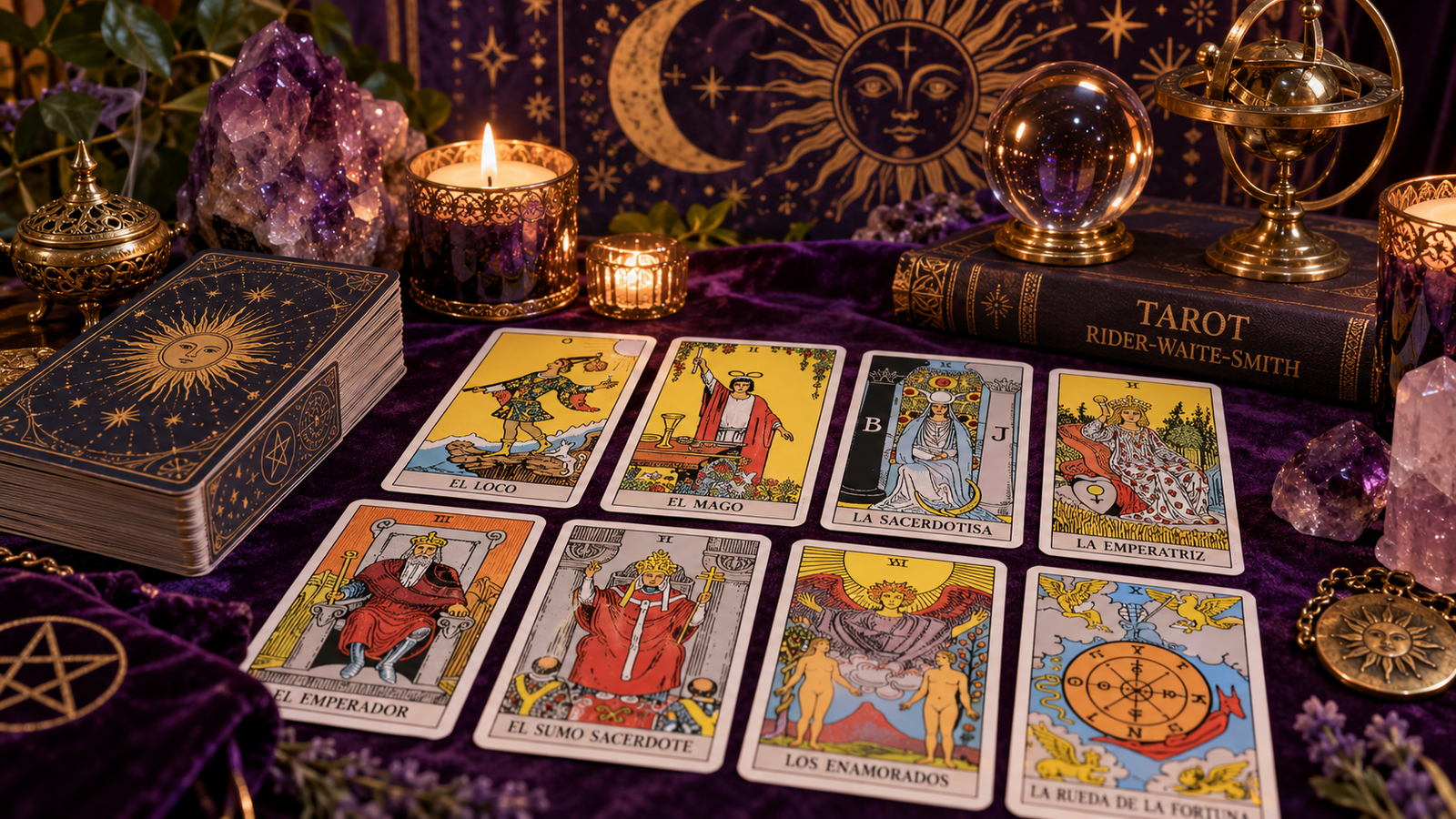 Mesa de tarot con cartas, amatistas, velas y símbolos celestiales sobre terciopelo morado